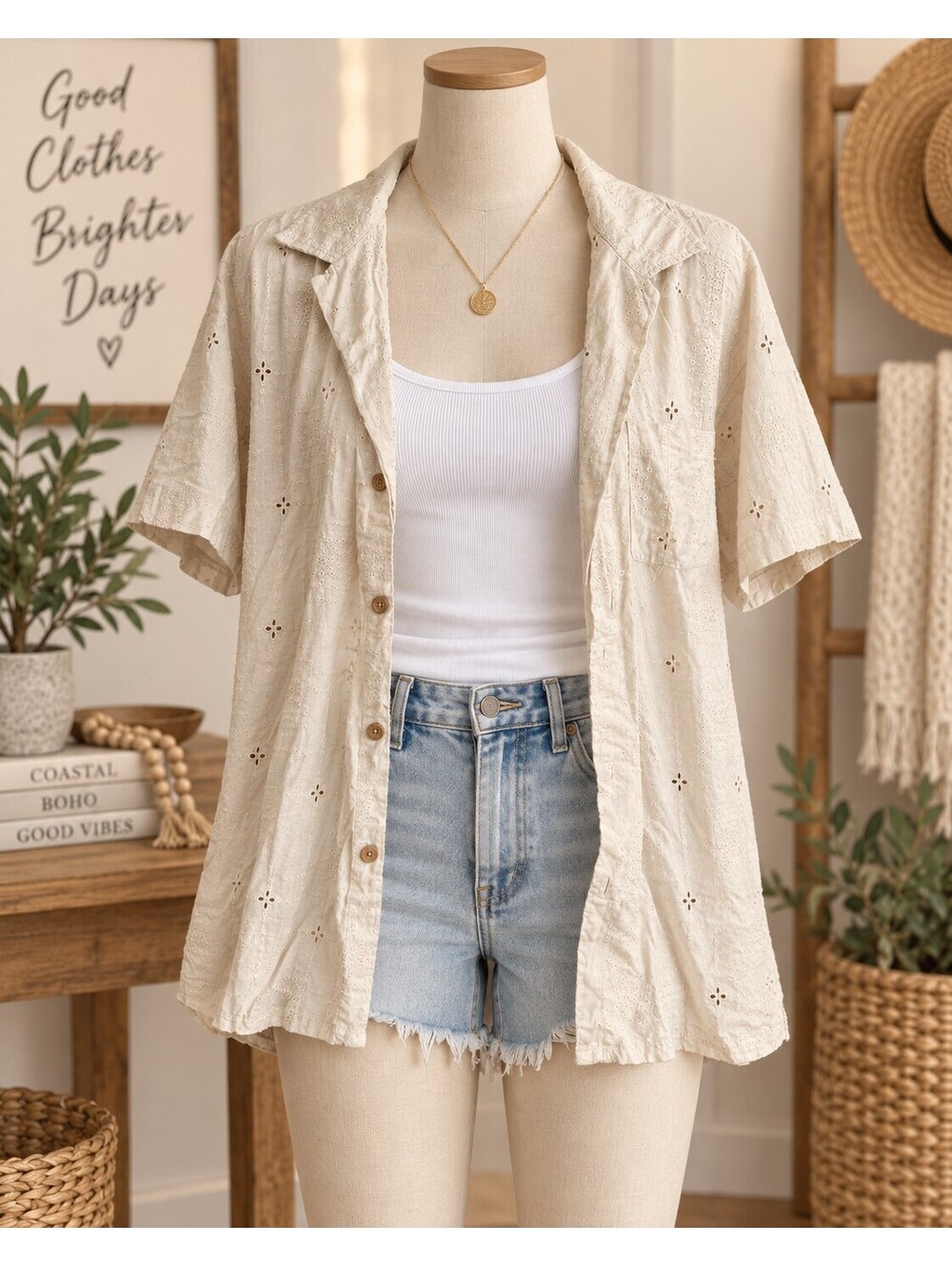 Free planet beige button-up short sleeve